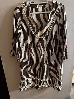 Kate Spade Womens Swim Cover Up ZEBRA M Brown Animal Print Pom Pom Trim J26